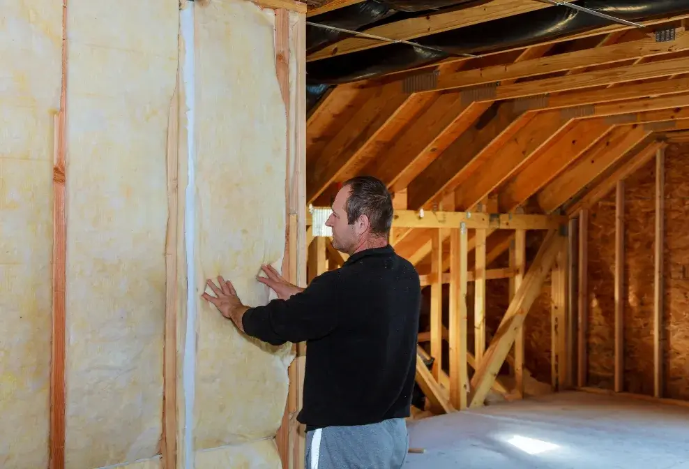 Insulation being installed between wall studs in attic framing by Jorge Carpentry & Tile Services.