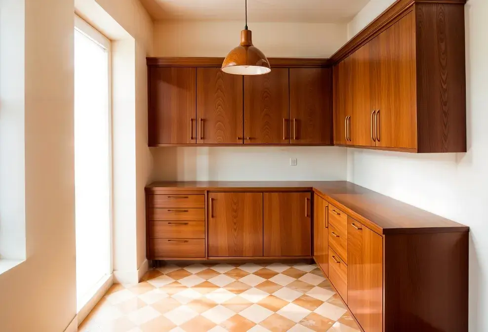 Custom wood cabinetry installation in a bright utility room, designed and built by Jorge Carpentry & Tile Services.