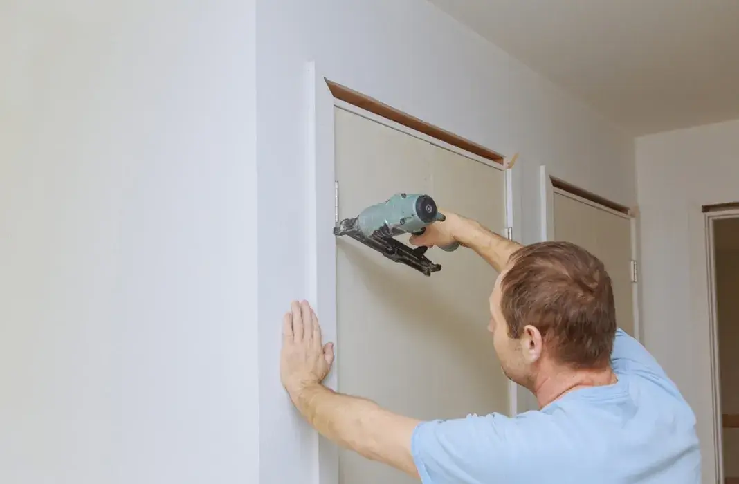 Carpenter securing white trim around a door frame