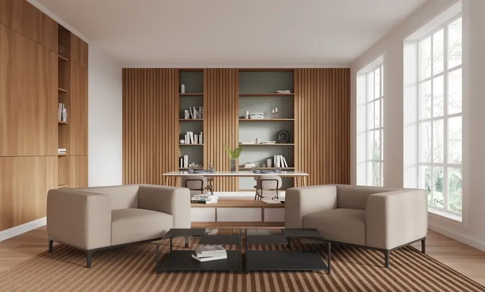 Modern living room with elegant wooden wall paneling